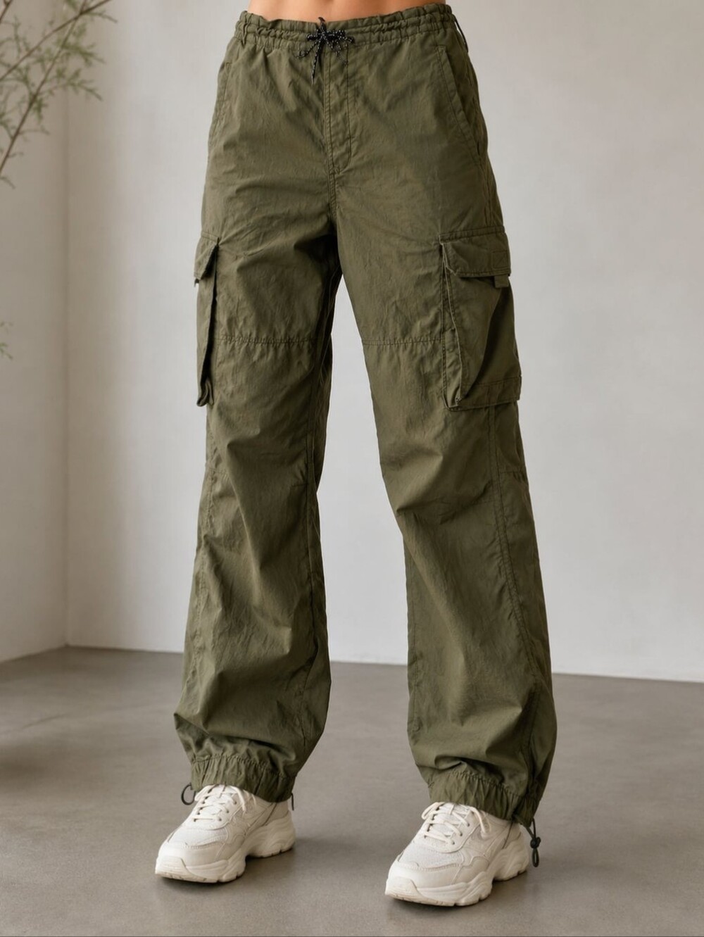 Womens Nylon Olive Cargo Pants - Casual Utility Trousers Small